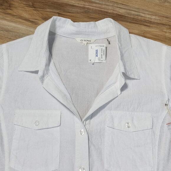 🔥NWT Ci Sono White Buttoned 3/4 Cuffed Roll Tab Sleeve Top Large - Picture 4 of 10